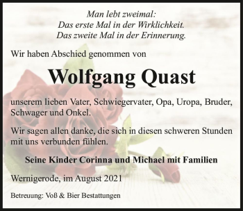Traueranzeige von Wolfgang Quast  von Magdeburger Volksstimme
