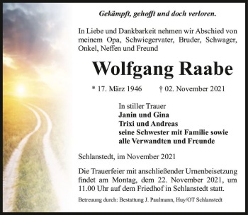 Traueranzeige von Wolfgang Raabe  von Magdeburger Volksstimme