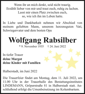 Traueranzeige von Wolfgang Rabsilber  von Magdeburger Volksstimme