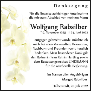Traueranzeige von Wolfgang Rabsilber  von Magdeburger Volksstimme