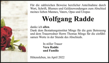 Traueranzeige von Wolfgang Radde  von Magdeburger Volksstimme