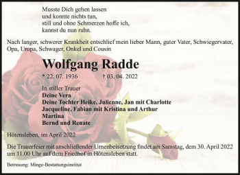 Traueranzeige von Wolfgang Radde  von Magdeburger Volksstimme