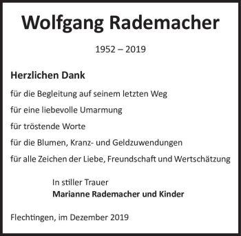 Traueranzeige von Wolfgang Rademacher  von Magdeburger Volksstimme