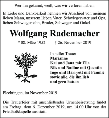 Traueranzeige von Wolfgang Rademacher  von Magdeburger Volksstimme