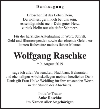 Traueranzeige von Wolfgang Raschke  von Magdeburger Volksstimme
