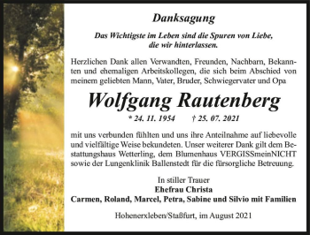 Traueranzeige von Wolfgang Rautenberg  von Magdeburger Volksstimme