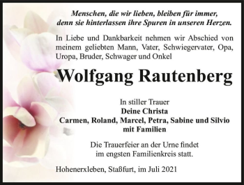 Traueranzeige von Wolfgang Rautenberg  von Magdeburger Volksstimme
