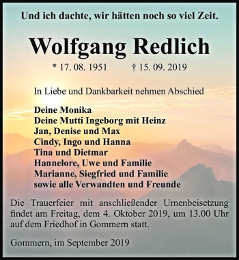 Traueranzeige von Wolfgang Redlich  von Magdeburger Volksstimme