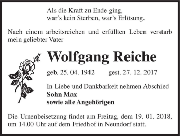 Traueranzeige von Wolfgang Reiche  von Magdeburger Volksstimme