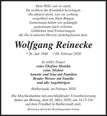 Traueranzeige von Wolfgang Reinecke  von Magdeburger Volksstimme