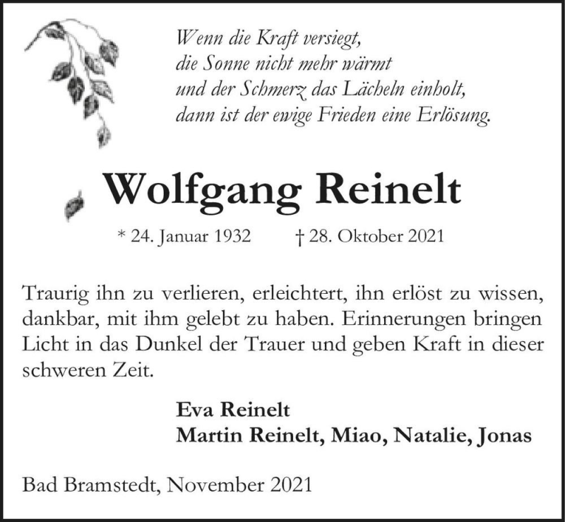  Traueranzeige für Wolfgang Reinelt  vom 06.11.2021 aus Magdeburger Volksstimme