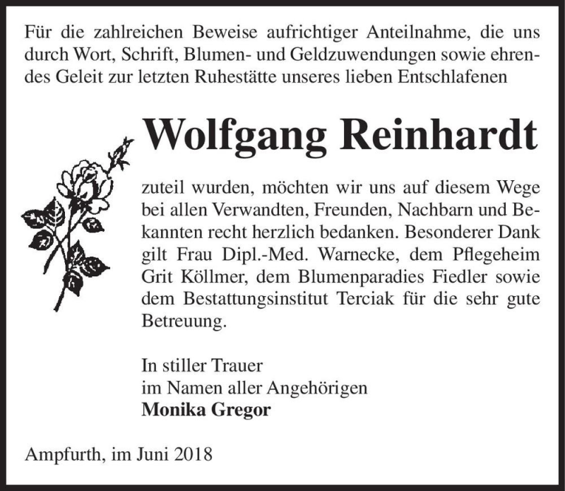  Traueranzeige für Wolfgang Reinhardt  vom 30.06.2018 aus Magdeburger Volksstimme
