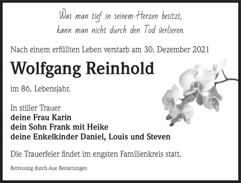  Traueranzeige für Wolfgang Reinhold  vom 08.01.2022 aus Magdeburger Volksstimme