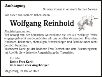 Traueranzeige von Wolfgang Reinhold  von Magdeburger Volksstimme