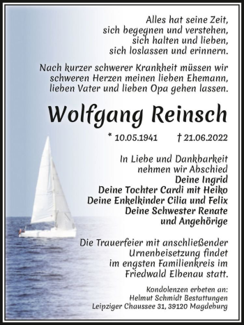 Traueranzeige von Wolfgang Reinsch  von Magdeburger Volksstimme