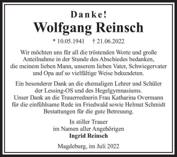 Traueranzeige von Wolfgang Reinsch  von Magdeburger Volksstimme