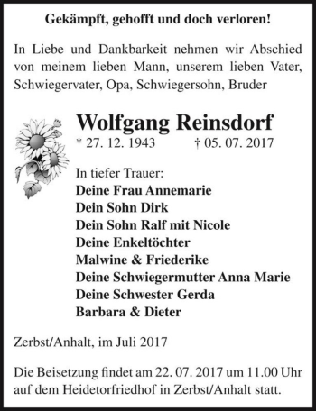 Traueranzeige von Wolfgang Reinsdorf  von Magdeburger Volksstimme