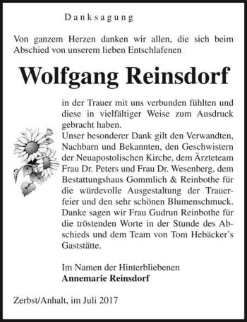 Traueranzeige von Wolfgang Reinsdorf  von Magdeburger Volksstimme