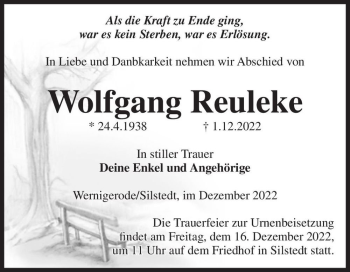 Traueranzeige von Wolfgang Reuleke  von Magdeburger Volksstimme