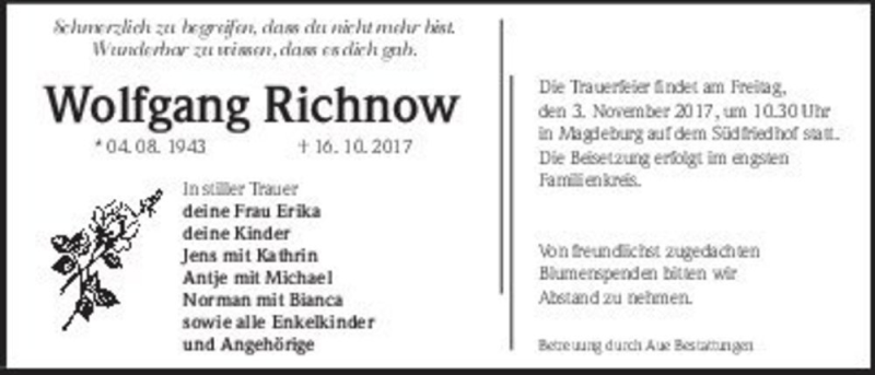  Traueranzeige für Wolfgang Richnow  vom 28.10.2017 aus Magdeburger Volksstimme