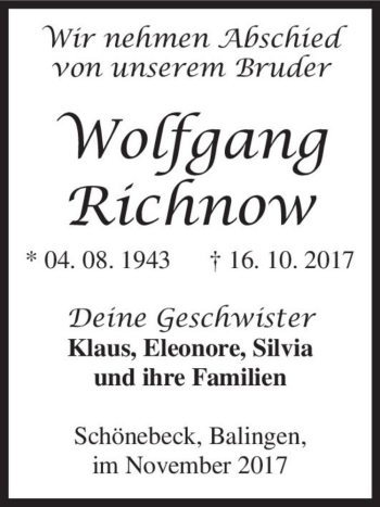 Traueranzeige von Wolfgang Richnow  von Magdeburger Volksstimme