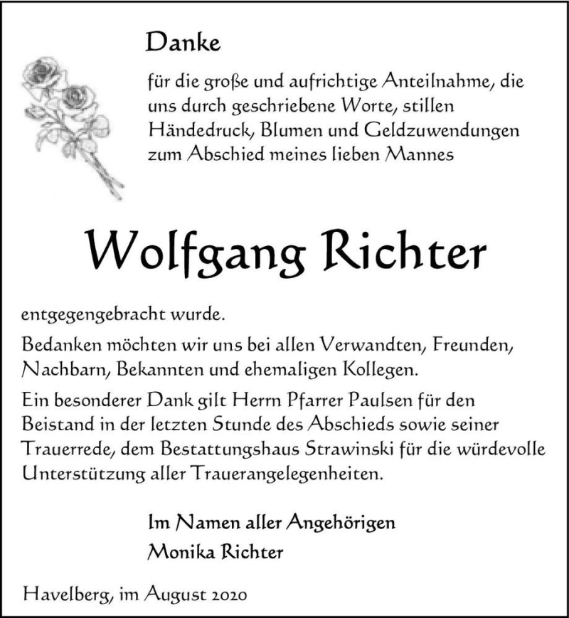  Traueranzeige für Wolfgang Richter  vom 26.08.2020 aus Magdeburger Volksstimme