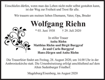 Traueranzeige von Wolfgang Riehn  von Magdeburger Volksstimme