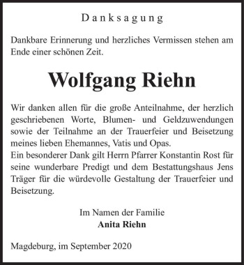Traueranzeige von Wolfgang Riehn  von Magdeburger Volksstimme