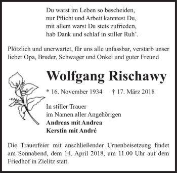 Traueranzeige von Wolfgang Rischawy  von Magdeburger Volksstimme