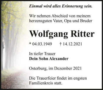 Traueranzeige von Wolfgang Ritter  von Magdeburger Volksstimme