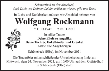 Traueranzeige von Wolfgang Rockmann  von Magdeburger Volksstimme