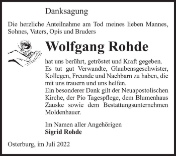 Traueranzeige von Wolfgang Rohde  von Magdeburger Volksstimme