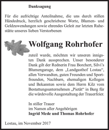 Traueranzeige von Wolfgang Rohrhofer  von Magdeburger Volksstimme