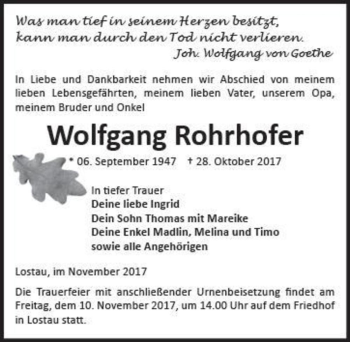 Traueranzeige von Wolfgang Rohrhofer  von Magdeburger Volksstimme