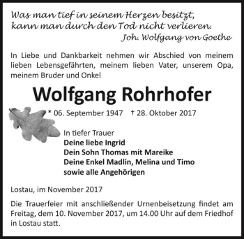 Traueranzeige von Wolfgang Rohrhofer  von Magdeburger Volksstimme