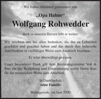 Traueranzeige von Wolfgang Rohwedder ,,Opa Hahne
