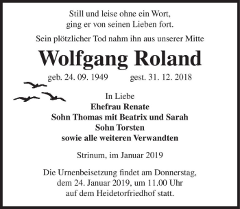 Traueranzeige von Wolfgang Roland  von Magdeburger Volksstimme