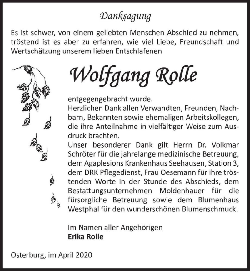  Traueranzeige für Wolfgang Rolle  vom 07.05.2020 aus Magdeburger Volksstimme