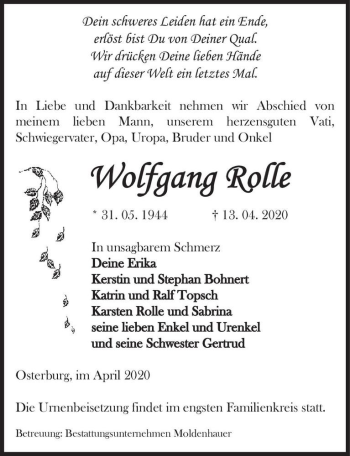 Traueranzeige von Wolfgang Rolle  von Magdeburger Volksstimme