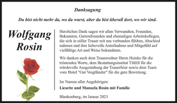 Traueranzeige von Wolfgang Rosin  von Magdeburger Volksstimme