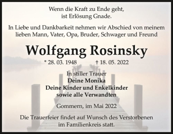 Traueranzeige von Wolfgang Rosinsky  von Magdeburger Volksstimme