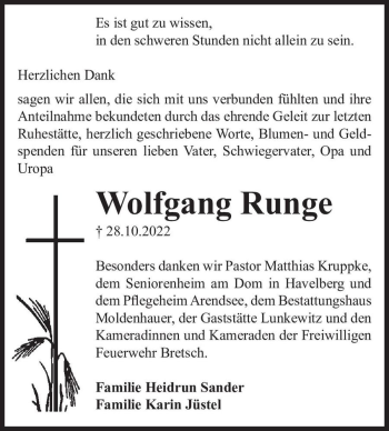 Traueranzeige von Wolfgang Runge  von Magdeburger Volksstimme