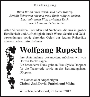 Traueranzeige von Wolfgang Rupsch  von Magdeburger Volksstimme