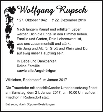 Traueranzeige von Wolfgang Rupsch  von Magdeburger Volksstimme