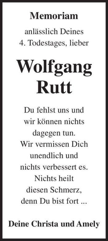 Traueranzeige von Wolfgang Rutt  von Magdeburger Volksstimme