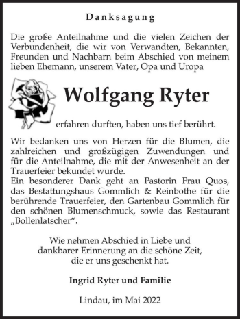 Traueranzeige von Wolfgang Ryter  von Magdeburger Volksstimme