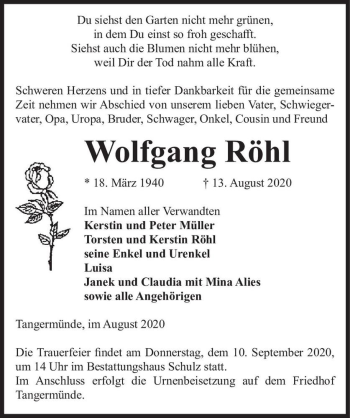 Traueranzeige von Wolfgang Röhl  von Magdeburger Volksstimme