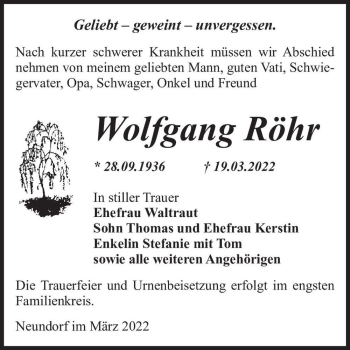 Traueranzeige von Wolfgang Röhr  von Magdeburger Volksstimme