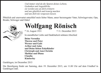 Traueranzeige von Wolfgang Rönisch  von Magdeburger Volksstimme