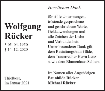 Traueranzeige von Wolfgang Rücker  von Magdeburger Volksstimme
